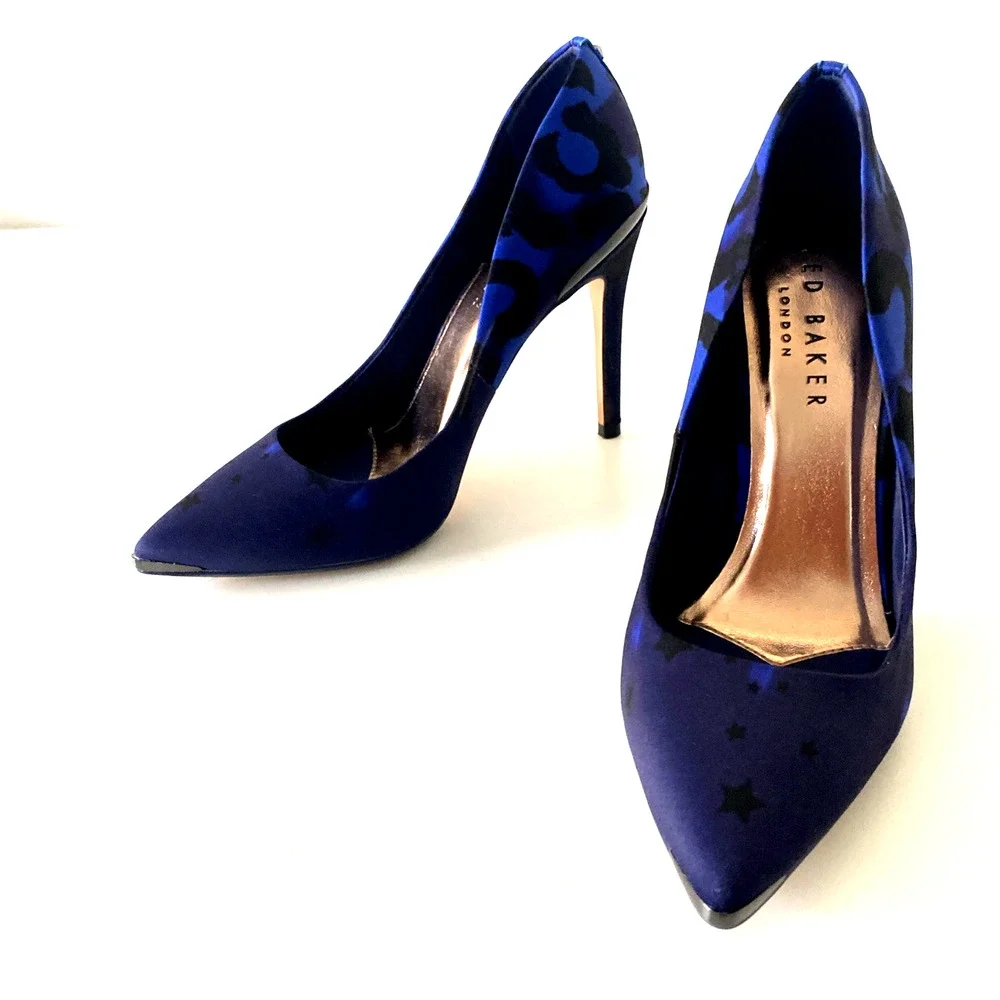 TED BAKER Navy Star Leopard Iziie Toe Stiletto Slip On Pump Point Blue Satin 5